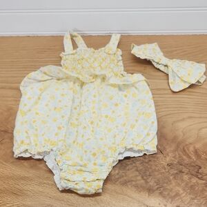 Joie Yellow Floral Smocked Ruffle Bubble Sunsuit With Headband Size 6-9 Months